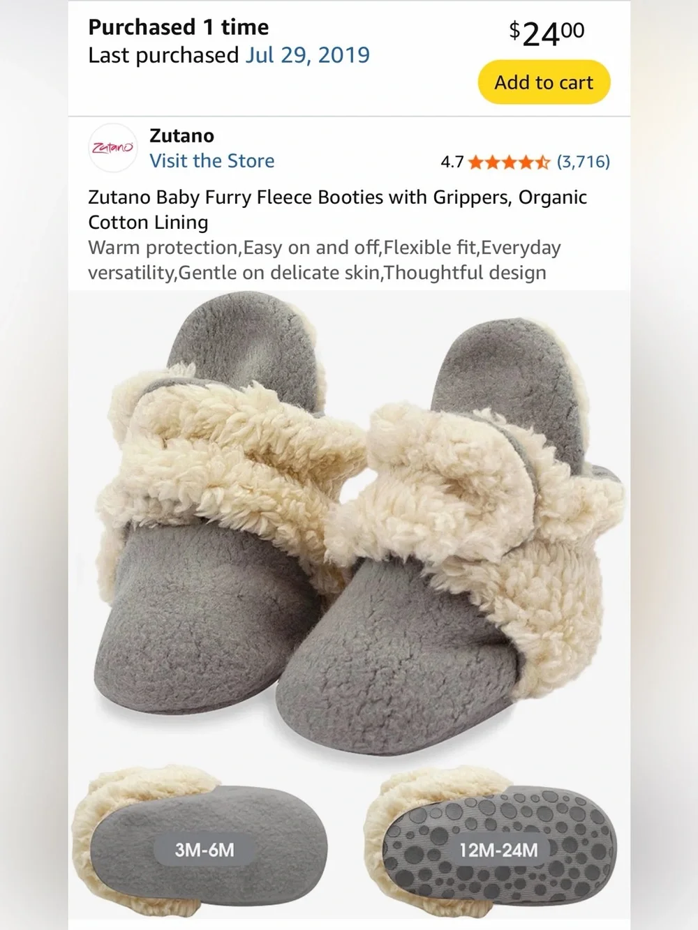 Zutano Baby Cozy Plush Slippers - Gray with Cream Sherpa - 6 months